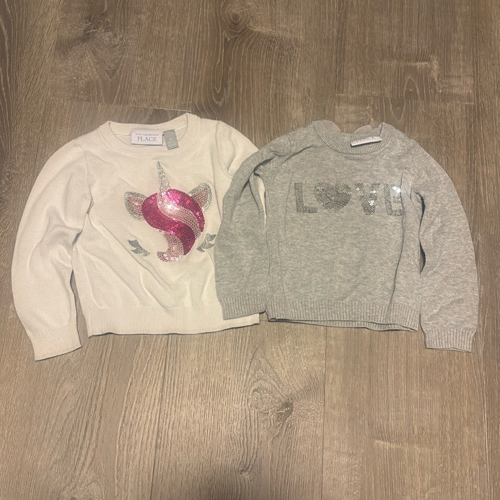 The Children's Place Unicorn & Love sequin bow back sweaters size 2T EUC